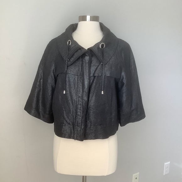 $198 Sandro  Linen Blend Metallic Cropped Swing Moto Jacket M - Picture 4 of 16